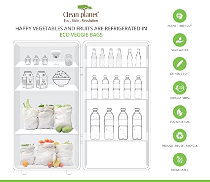 Clean Planet Eco Veggie Natural Cotton Vegetable Storage Bag for Fridge,vegetable bag for shopping- Eco-Friendly, Non-Toxic, Multipurpose (Natural Set of 6, 2 Large - 13"x15", 4 Regular - 10"x12")