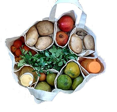 BMB Technology Cotton Large Partition Grocery White Hand Bag for Vegetables/Fruits