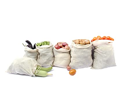 Clean Planet Eco Veggie Natural Cotton Vegetable Storage Bag for Fridge,vegetable bag for shopping- Eco-Friendly, Non-Toxic, Multipurpose (Natural Set of 6, 2 Large - 13"x15", 4 Regular - 10"x12")