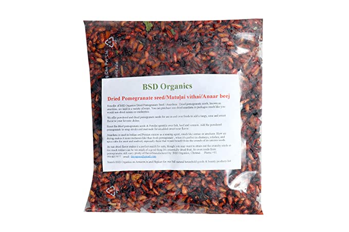BSD Organics Dried Pomegranate seed/Matuḷai vithai/Anaar beej/Anardana for Soups,chutneys, relishes, and spice rubs for meat, seafood and more - 100 grams