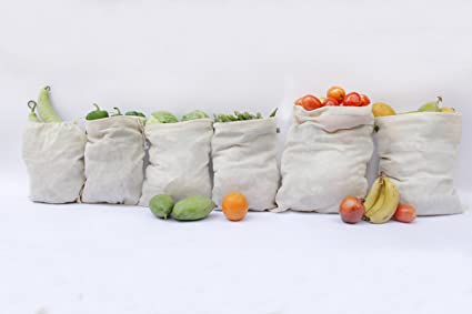 Clean Planet Eco Veggie Natural Cotton Vegetable Storage Bag for Fridge,vegetable bag for shopping- Eco-Friendly, Non-Toxic, Multipurpose (Natural Set of 6, 2 Large - 13"x15", 4 Regular - 10"x12")
