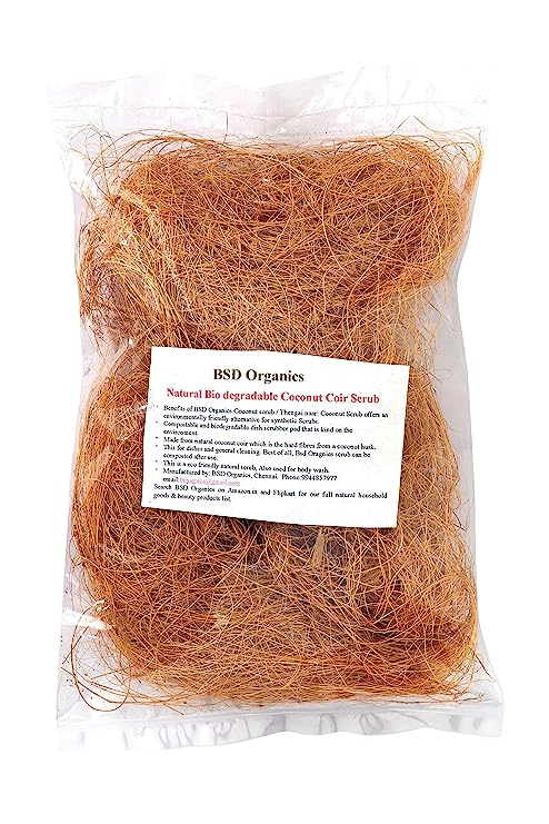 BSD Organics Natural Bio degradable Coconut Coir Scrub/Nariyal Scrub/Thengai naar for Dishes, General Cleaning, Bathing and More - 200 Grams