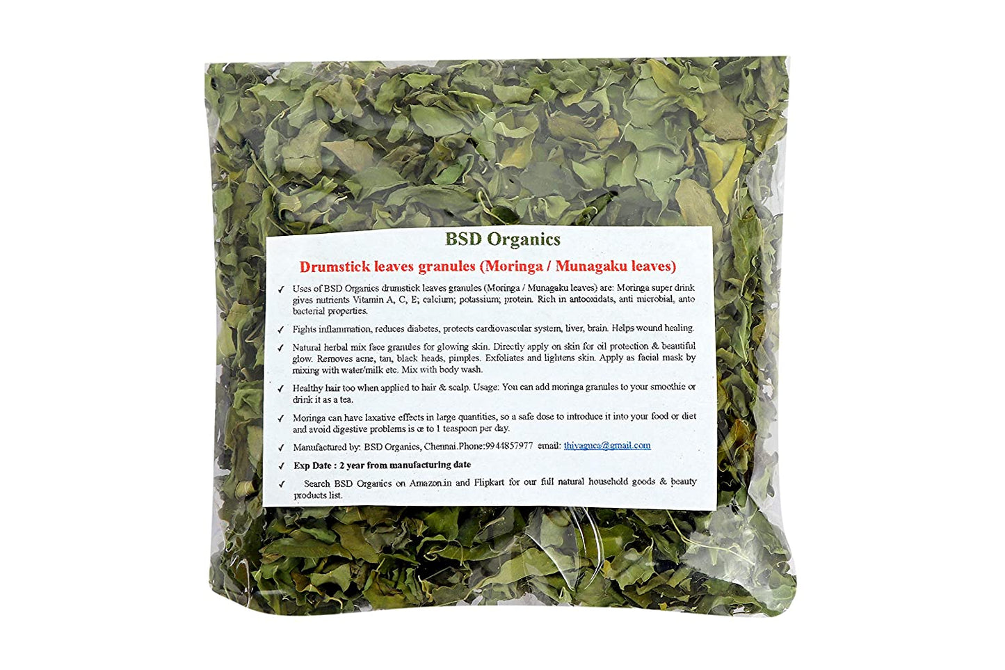 BSD Organics whole drumstick dried leaves/granules (Moringa/Munagaku leaves) - 100 gms