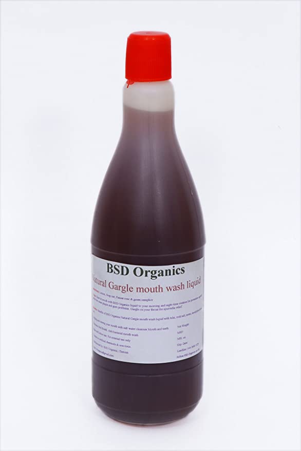 BSD Organics Natural Rinse & Gargle mouth wash liquid with tulsi, rock salt, neem, eucalyptus herbs - 550 ml