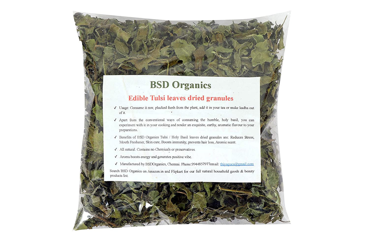 BSD Organics Edible Tulsi leaves dried granules for tea, smoothie & more - 200 gms