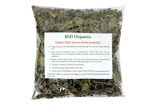 BSD Organics Edible Tulsi leaves dried granules for tea, smoothie & more - 200 gms